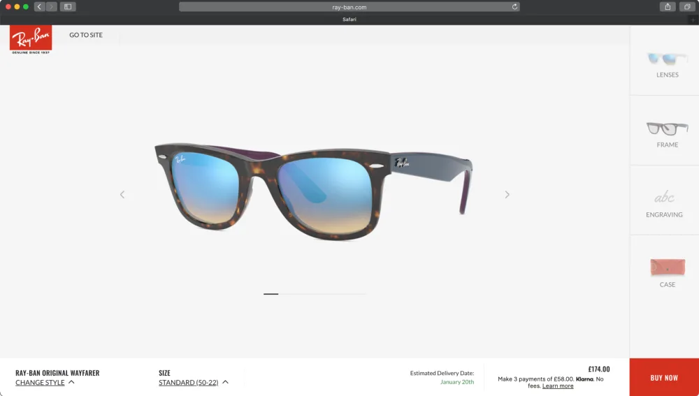 Ray-Ban Glasses in the customize experience